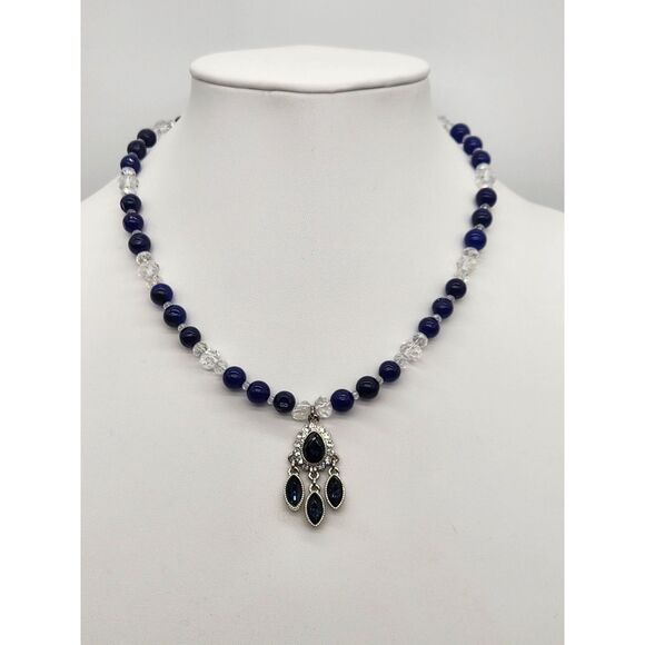 Monet Fiery Sapphire Blue Rhinestone Glass Bead Clear AB Chez Bead Necklace Set - Picture 7 of 11